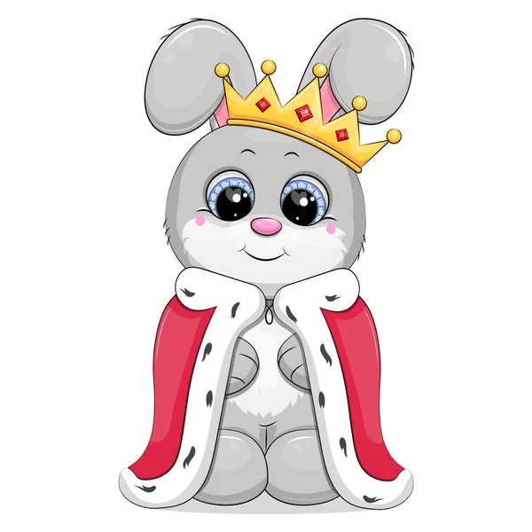 可爱的卡通兔子王 头戴皇冠 身穿皇家长袍 白色背景动物的矢量图解 — 图库矢量图片