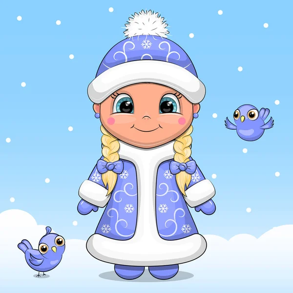 Cute Cartoon Girl Winter Coat Hat Stands Birds Winter Vector — ストックベクタ