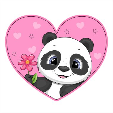 Elinde çiçek tutan bir pandayla kocaman pembe bir kalp. Beyaz arka planda kalbi olan bir hayvanın vektör çizimi.