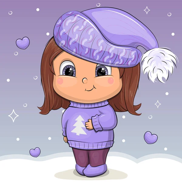 Cute Cartoon Girl Warm Lilac Sweater Hat Winter Vector Illustration — стоковый вектор