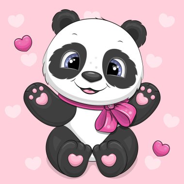 Pembe kurdeleli şirin bir panda. Pembe arka planda kalbi olan bir hayvanın vektör çizimi.