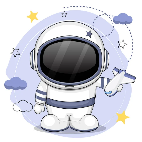 Cartoon Astronaut Holding Spaceship Vector Illustration Blue Background Stars Clouds — ストックベクタ