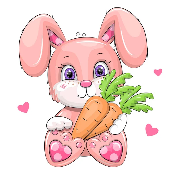 Cute Cartoon Pink Rabbit Carrot Vector Illustration Pet White Background — Image vectorielle