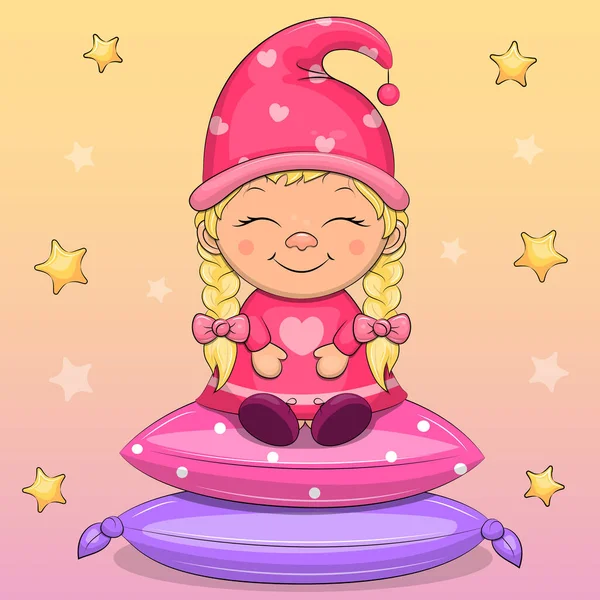 かわいい漫画のノームの女の子は枕の上に座っている 星と黄色とピンクの背景とベクトルイラスト — ストックベクタ