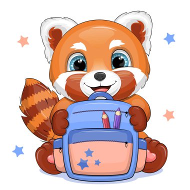 Sırt çantalı şirin kırmızı panda. Beyaz arka planda izole edilmiş okul hayvan vektör illüstrasyonu.