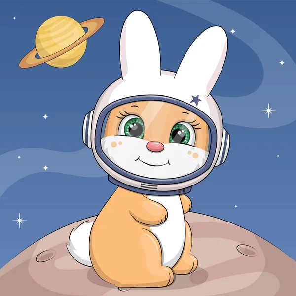 Cute Cartoon Rabbit Astronaut Sitting Planet Vector Illustration Animal Dark — Stock Vector