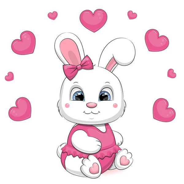 Cute Cartoon White Rabbit Pink Hearts Vector Illustration Animal White —  Vetores de Stock