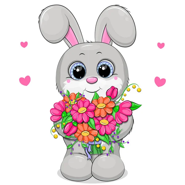 Cute Cartoon Gray Rabbit Bouquet Flowers Vector Illustration Animals White — стоковый вектор