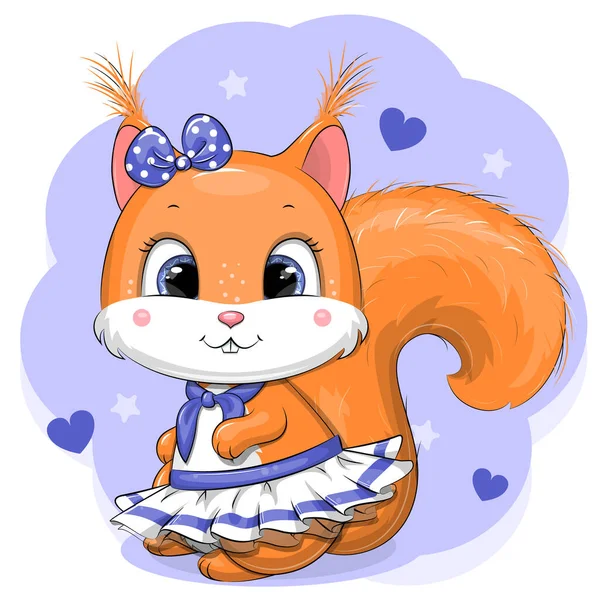 Cute Cartoon Squirrel White Skirt Blue Bow Vector Illustration Animal — Stock Vector