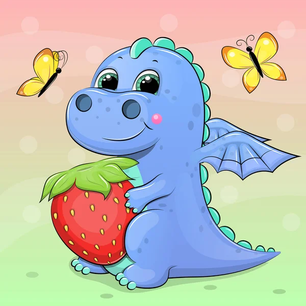 Cute Cartoon Blue Dragon Strawberries Butterflies Vector Illustration Animal Colorful — 스톡 벡터