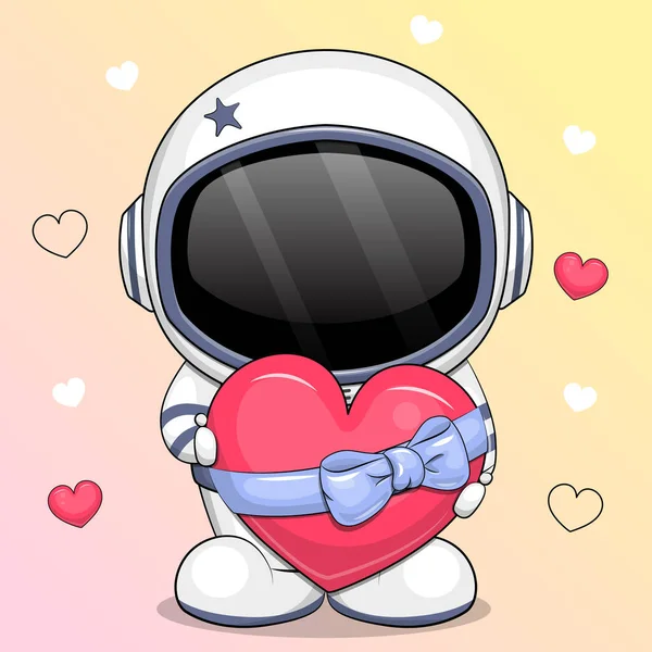 Lindo Astronauta Dibujos Animados Sosteniendo Corazón Con Arco Azul Ilustración — Vector de stock