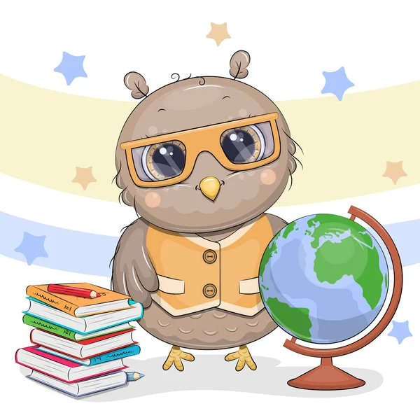 Cute Cartoon Owl Yellow Glasses Waistcoat Stands Next Books Globe — Wektor stockowy