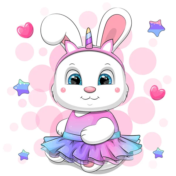 Cute Cartoon White Rabbit Wearing Unicorn Dress Headband Vector Illustration — Vetor de Stock