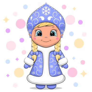 Cute cartoon Snow Maiden. Winter vector illustration of a girl on a colorful background.