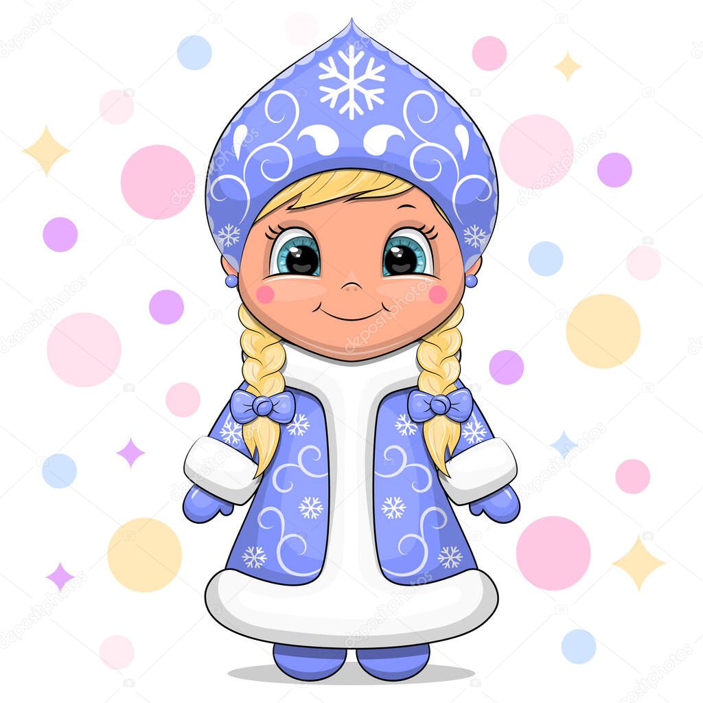 Cute cartoon Snow Maiden. Winter vector illustration of a girl on a colorful background.