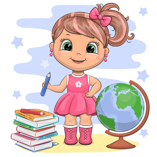 Cute Cartoon Girl Books Globe Vector Illustration Blue Background — Wektor stockowy
