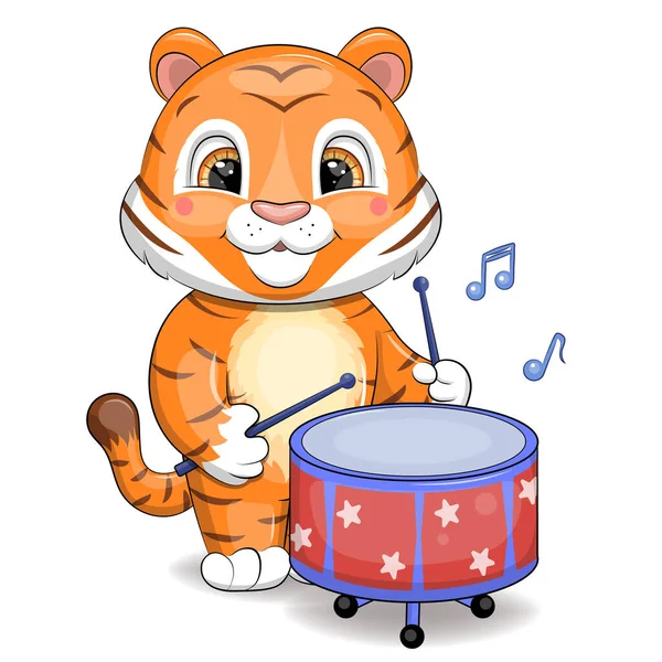 Şirin çizgi film kaplanı davul çalıyor. Beyaz arka planda bir hayvanın vektör çizimi.