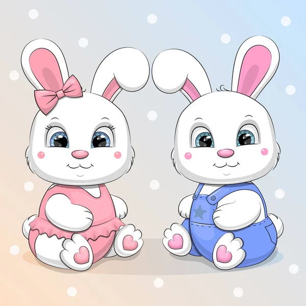 Cute Cartoon White Rabbits Couple Vector Illustration Animals Pink Blue — Image vectorielle