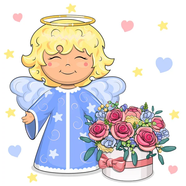 Cute Cartoon Angel Bouquet Flowers Vector Illustration Isolated White Background — Stock vektor