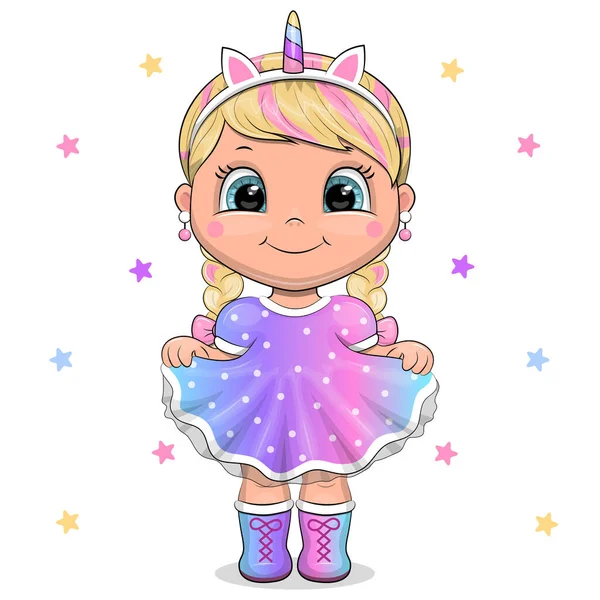 Cute Cartoon Girl Unicorn Headband Rainbow Dress Vector Illustration Isolated — Vetor de Stock