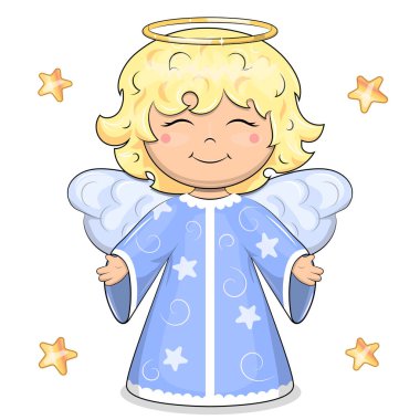 Kanatlı mavi elbiseli sevimli sarışın melek. Beyaz arkaplanda yıldızlarla izole edilmiş vektör illüstrasyonu.