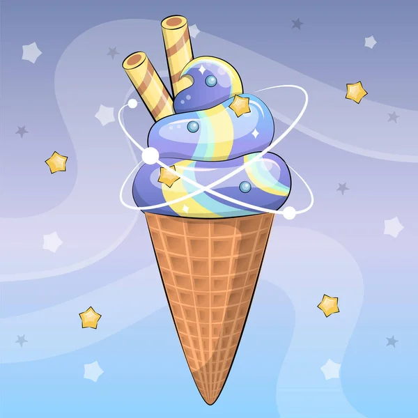 Cute Cartoon Galaxy Ice Cream Stars Wafer Rolls Vector Illustration — Stock Vector