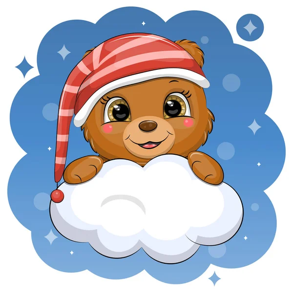 Słodki Kreskówkowy Niedźwiedź Brunatny Czerwonym Wieczorku Trzyma Chmurę Wektorowa Ilustracja — Wektor stockowy