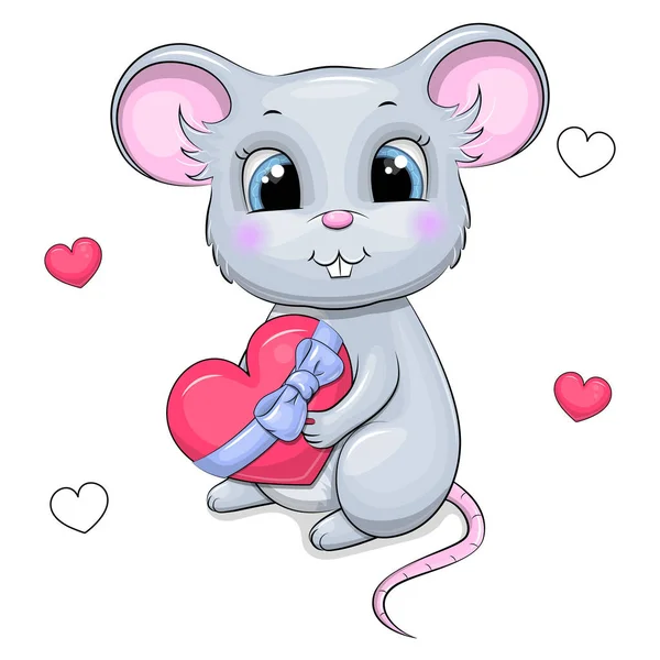 Carino Mouse Cartone Animato Possesso Cuore Con Fiocco Blu Illustrazione — Vettoriale Stock
