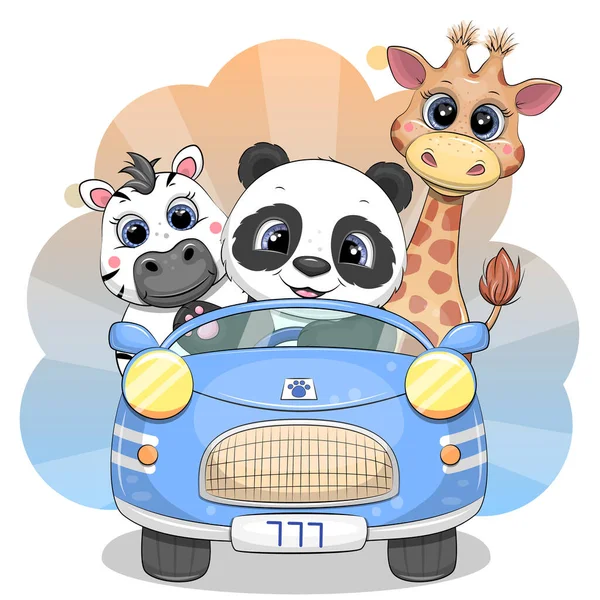 Panda, zürafa ve zebralı şirin mavi bir araba. Hayvanlarla vektör illüstrasyonu.