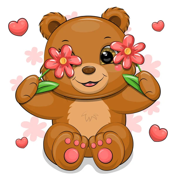 Bonito Oso Marrón Dibujos Animados Con Flores Rojas Corazones Ilustración — Vector de stock