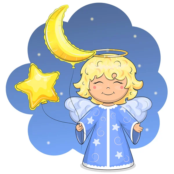 Lindo Ángel Dibujos Animados Con Estrellas Globos Lunares Ilustración Vectorial — Vector de stock