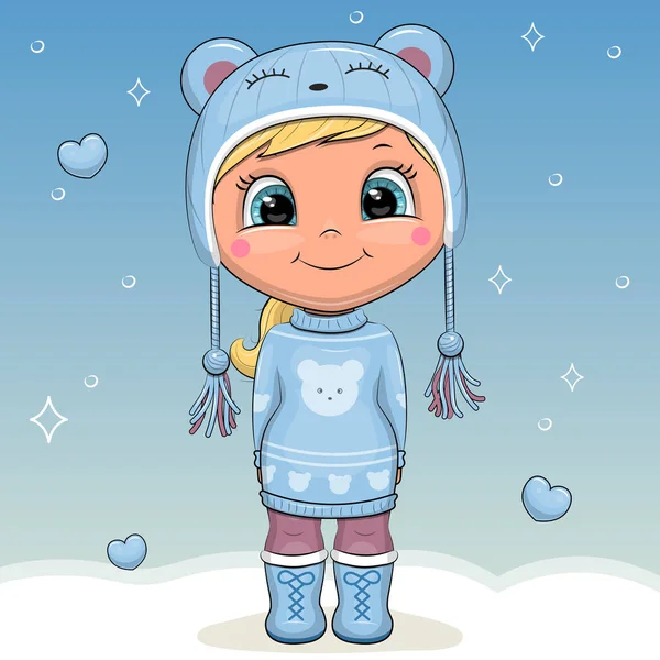 Ayı şapkalı ve mavi kazaklı şirin bir çizgi film kızı. Kar ve mavi arkaplan ile kış vektör illüstrasyonu.