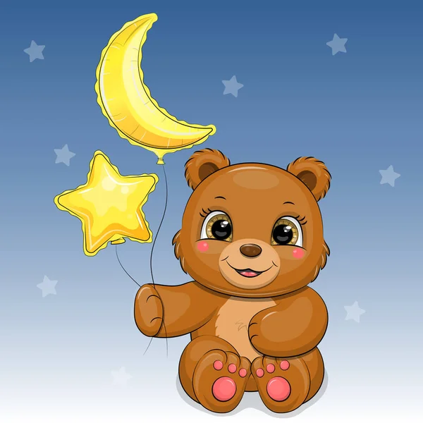 月と星の風船でかわいい漫画の茶色のクマ 青い背景に動物のベクトル図 — ストックベクタ