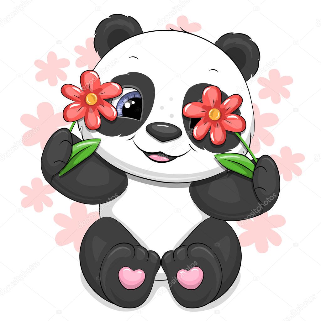 Cute cartoon panda with two flowers. Vector illustration of an animal on a white background with red flowers.