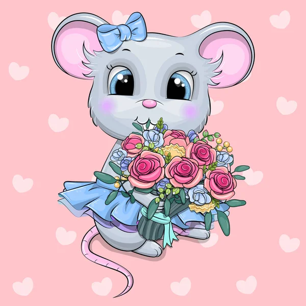 Rato Desenho Animado Bonito Com Buquê Rosas Ilustração Vetorial Animal — Vetor de Stock