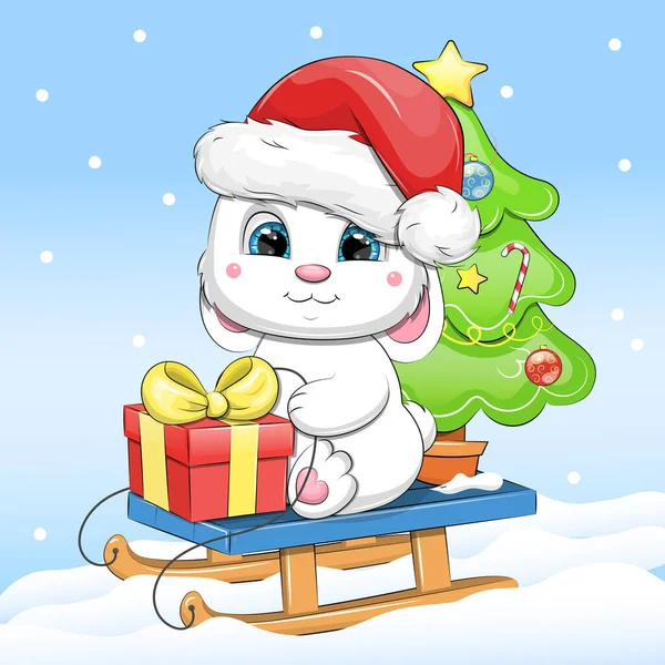 ギフト付きのサンタの帽子のかわいい漫画の白いウサギとそりのクリスマスツリー 雪と青の背景に動物の冬のベクトルイラスト — ストックベクタ