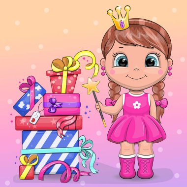 Tacı ve sihirli değneği olan sevimli bir çizgi film perisi hediyelerin yanında duruyor. Noktalı renkli bir arkaplanda kutlama vektörü çizimi.