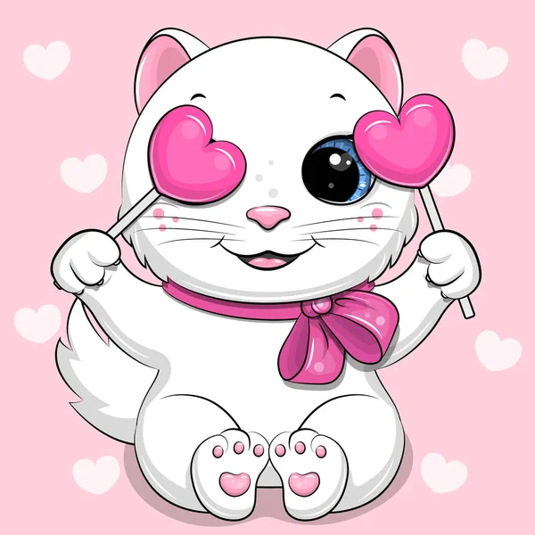 Lindo Gato Blanco Dibujos Animados Con Dos Corazones Caramelo Ilustración — Archivo Imágenes Vectoriales