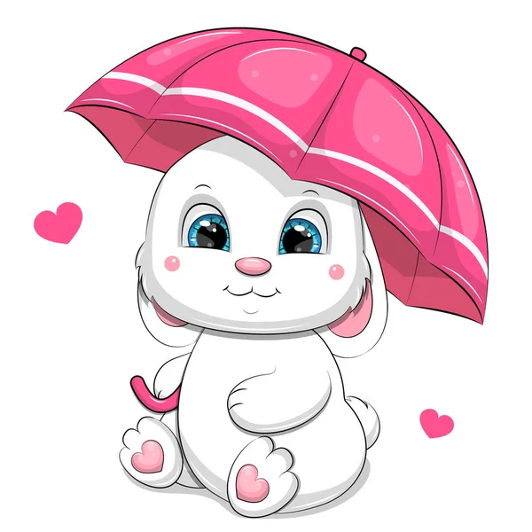 Χαριτωμένο Καρτούν Λευκό Κουνέλι Μια Ροζ Ομπρέλα Και Καρδιές Εικονογράφηση — Διανυσματικό Αρχείο