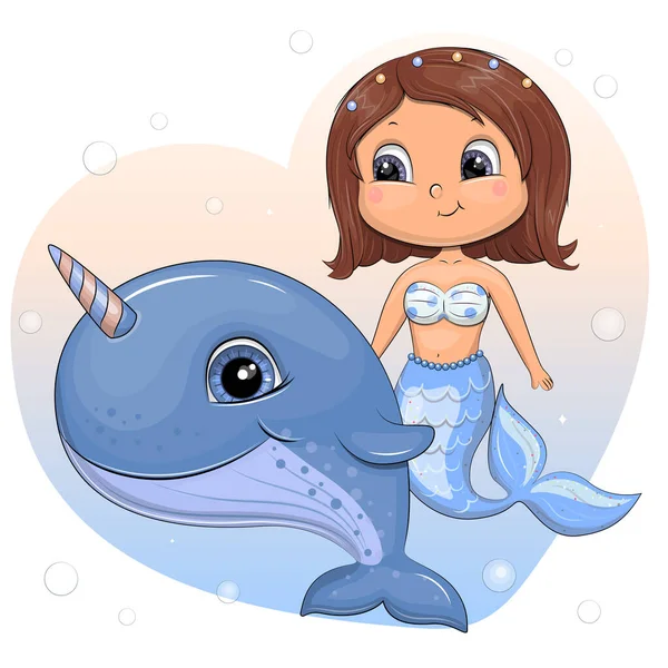可爱的卡通独角鲸与美人鱼 带气泡的色彩艳丽背景上的动物和女孩的矢量图解 — 图库矢量图片