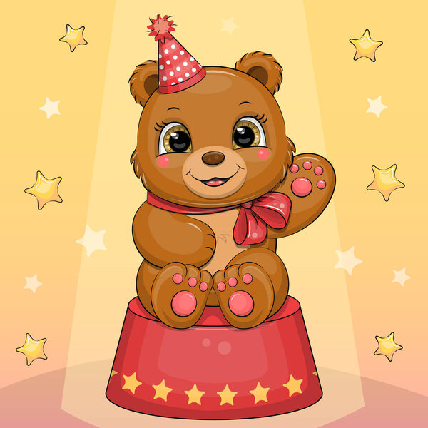Милый мультяшный бурый медведь с луком и шляпой в цирке. Векторная иллюстрация животного на желтом фоне со звездами.