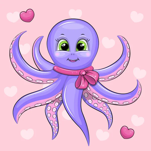 可爱的卡通章鱼与粉红色的弓 心粉色背景下的海洋动物的矢量图解 — 图库矢量图片