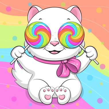 Beyaz bir çizgi film kedisi iki şeker tutuyor. Renkli arka planda bir hayvanın vektör çizimi.