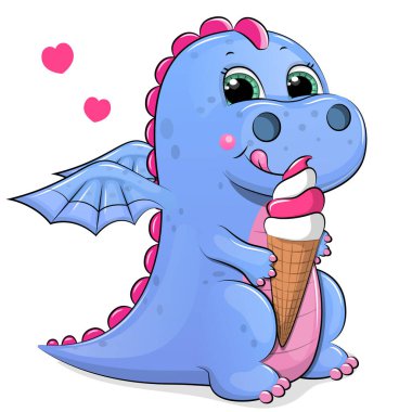 Dondurmalı şirin mavi ejderha çizgi filmi. Beyaz arka planda bir hayvanın vektör çizimi.