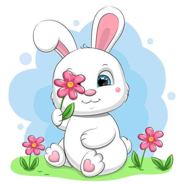 Lindo Conejo Blanco Dibujos Animados Con Flores Ilustración Vectorial Animal — Vector de stock