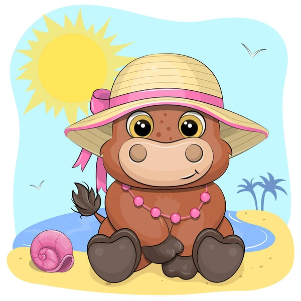 Cute Cartoon Cow Summer Hat Beach Vector Illustration Animals Sea — Stock Vector