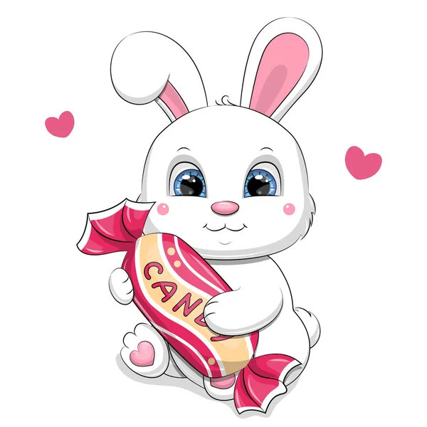 Cute Cartoon White Rabbit Red Candy Vector Illustration Animal White — Stock vektor