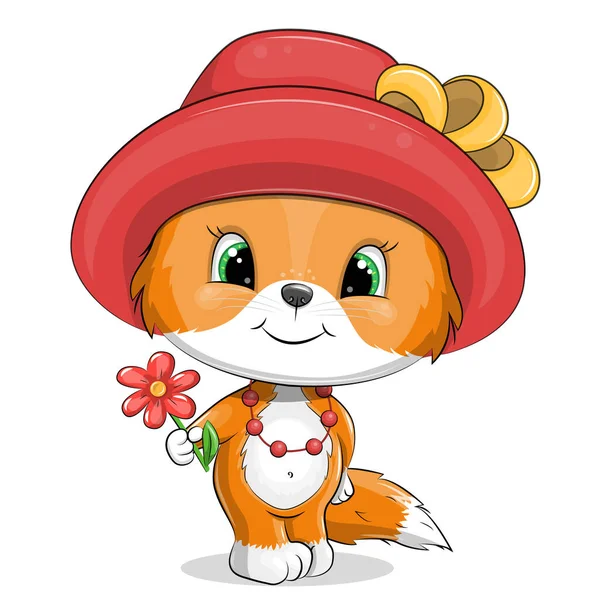 一只戴着红帽子的可爱的卡通狐狸手里拿着花 白色背景动物的矢量图解 — 图库矢量图片