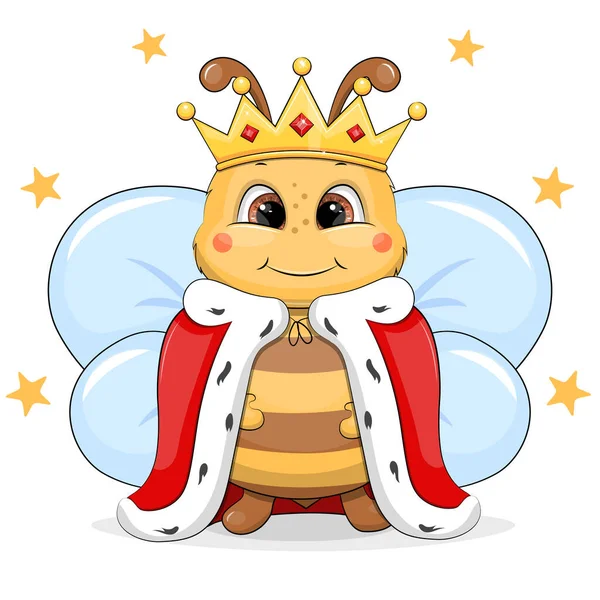 Cute Cartoon Bee Crown Royal Robe Vector Illustration Animal White — Image vectorielle