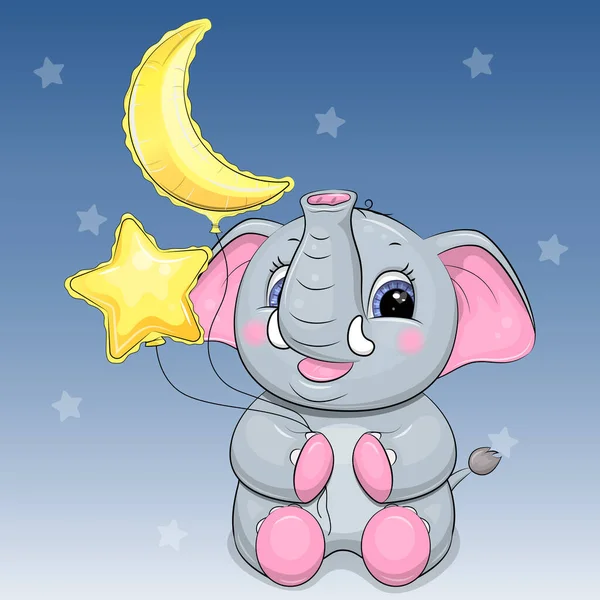 Netter Cartoon Elefant Mit Mond Und Sternenballons Nacht Tier Vektor — Stockvektor